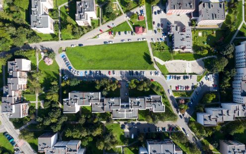 Apartment buildings in a housing estate viewed from above.